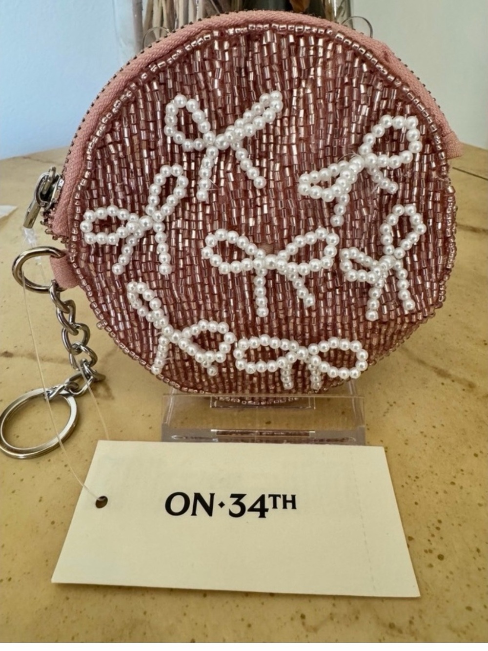 ON·34TH Pink Beaded Bow Coin Pouch Keyring